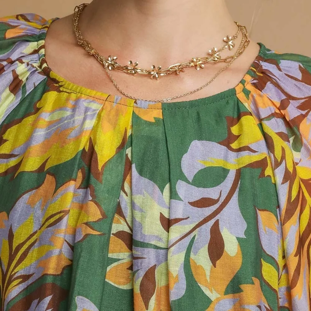 Umgee Retro Abstract Shirt Pleated 70s Round Neck Top Long Balloon Sleeve Blouse - Picture 10 of 16
